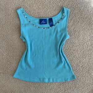 Y2K Blue Ribbed Cotton Tank w/ Beaded Trim - Size M